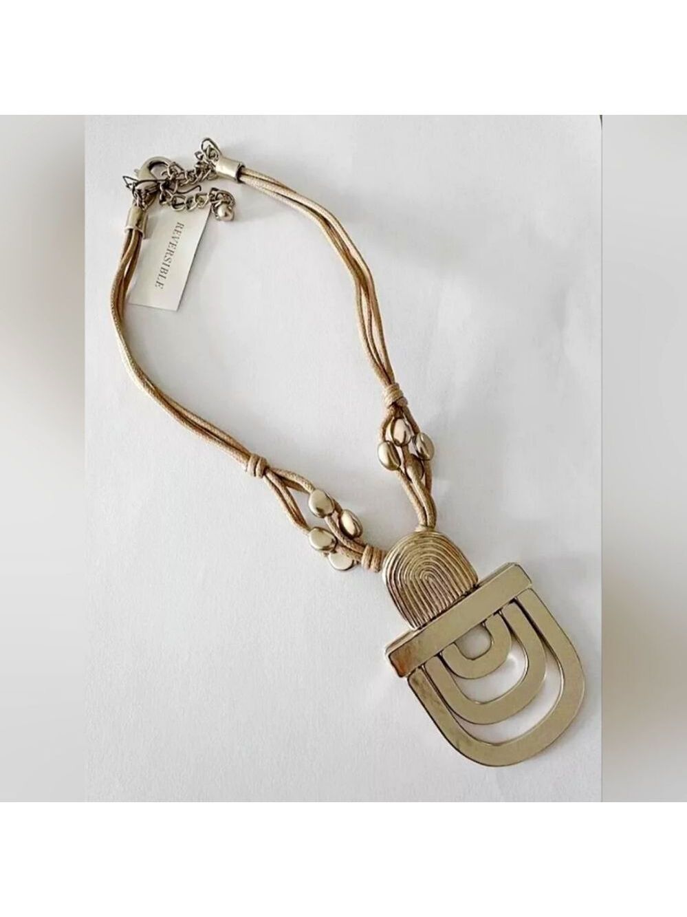 CHICO'S KHAKI CORD GOLD TONE PENDANT 15"-19" NECKLACE NWT
